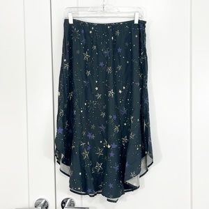 New Farm Rio Anthropologie Small Black, Blue Stars Asymmetrical Midi Skirt